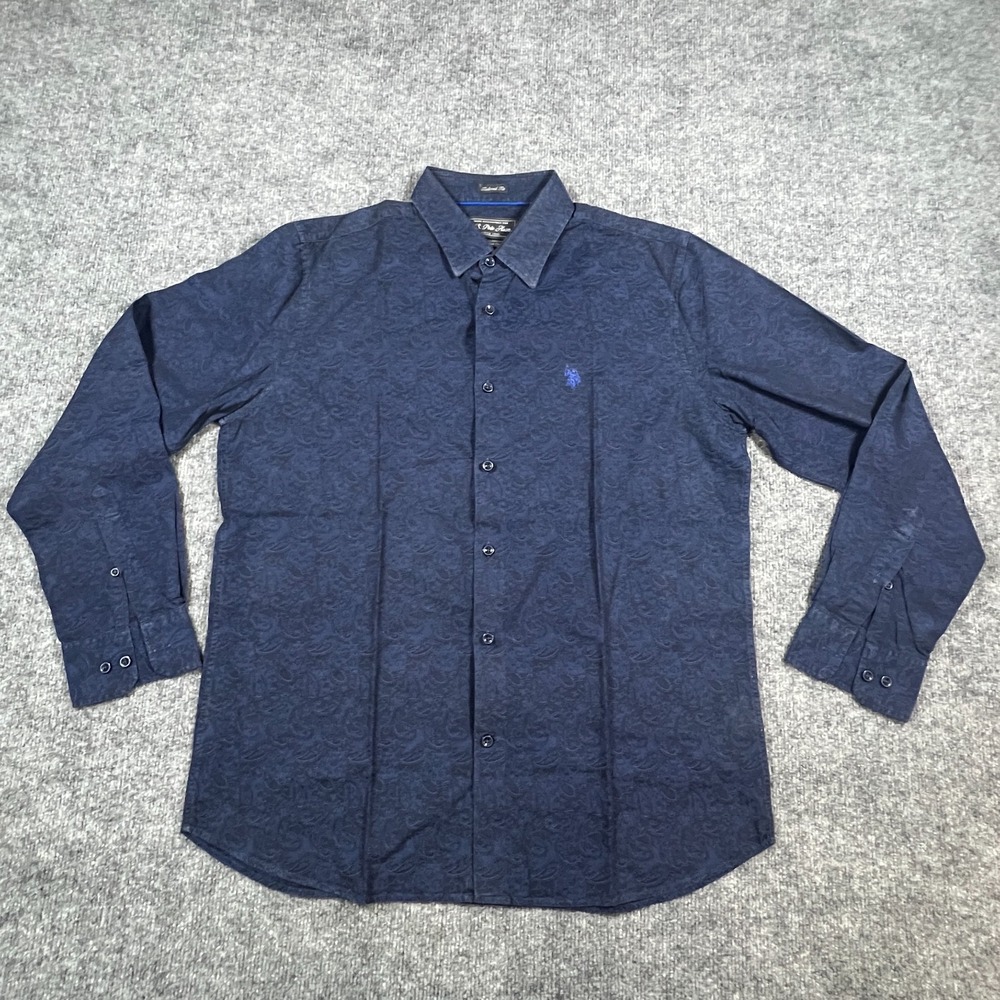 U.S. Polo Assn. Button Up Shirt Men Navy Blue Paisley Cotton Tailored Fit Casual